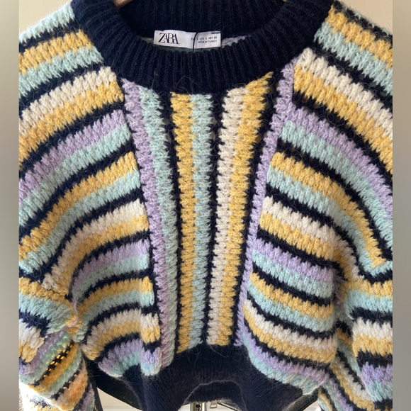 L ๐ ZARA Striped Knit Sweater Round Neck Multicolored Yellow Navy Purple - Picture 11 of 15